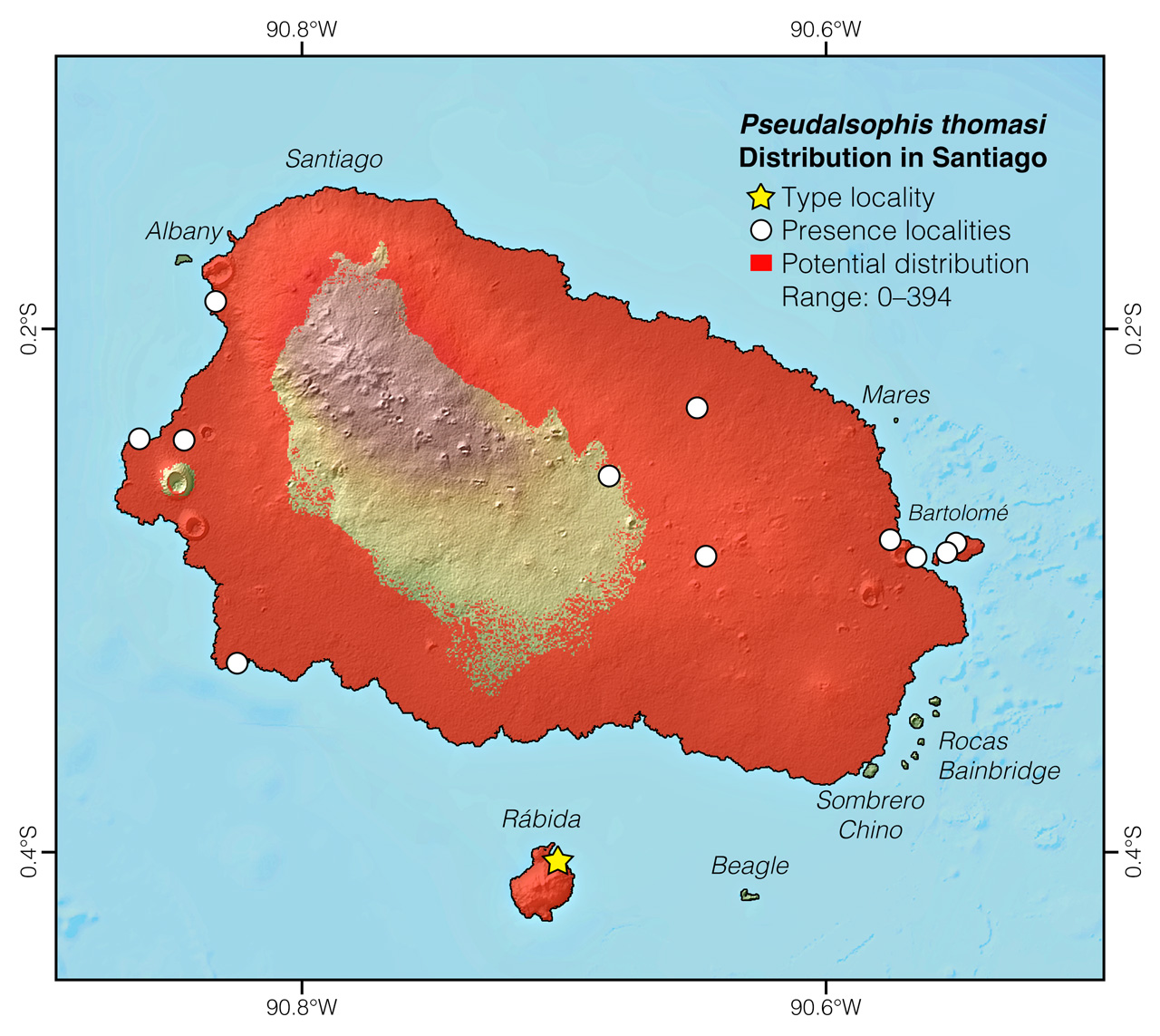 Distribution of Pseudalsophis thomasi in and around Santiago Island