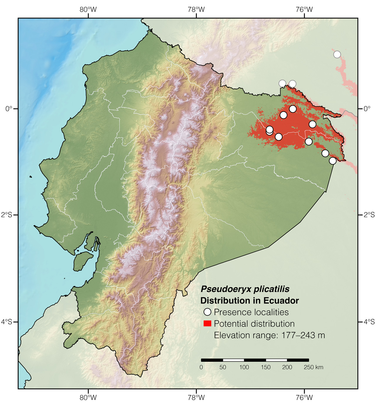 Distribution of Pseudoeryx plicatilis in Ecuador