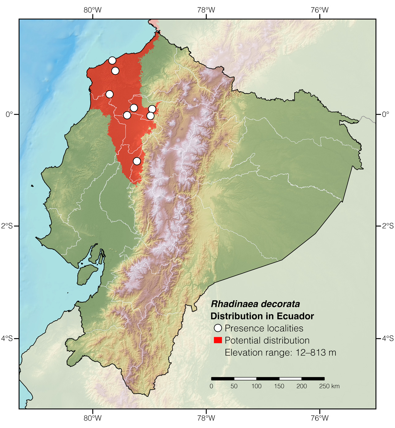 Distribution of Rhadinaea decorata in Ecuador