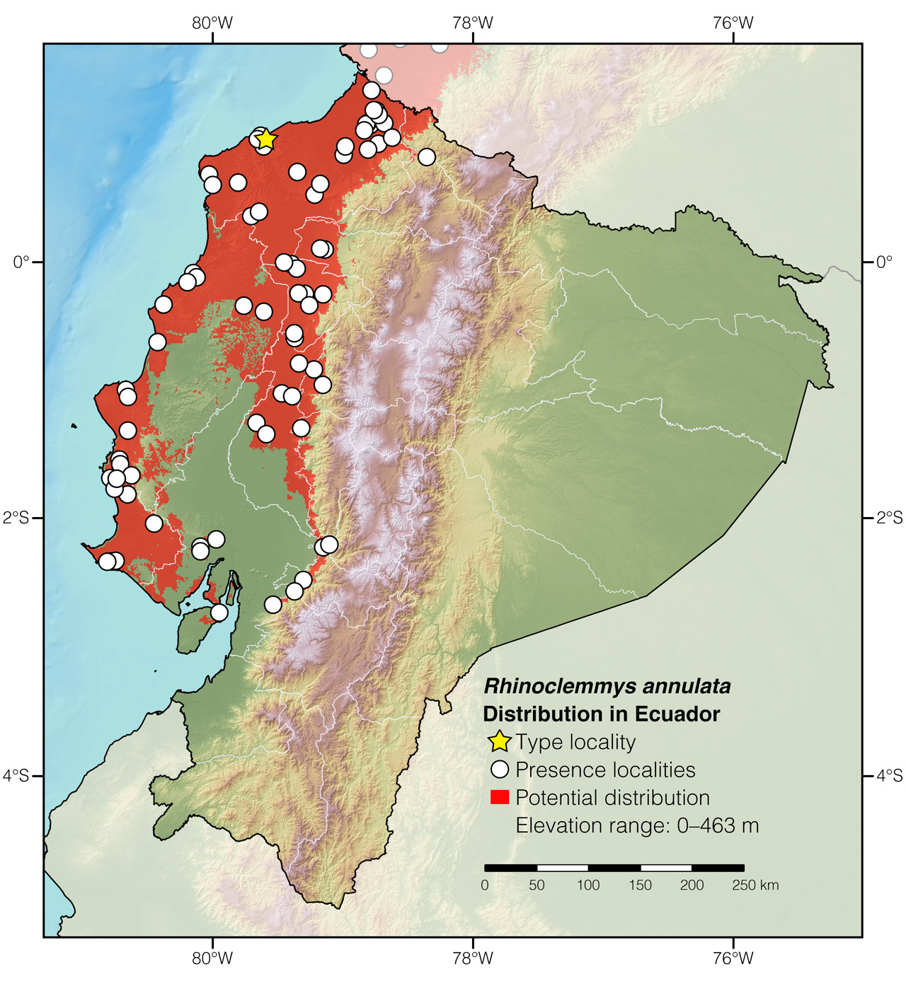 Distribution of Rhinoclemmys annulata in Ecuador