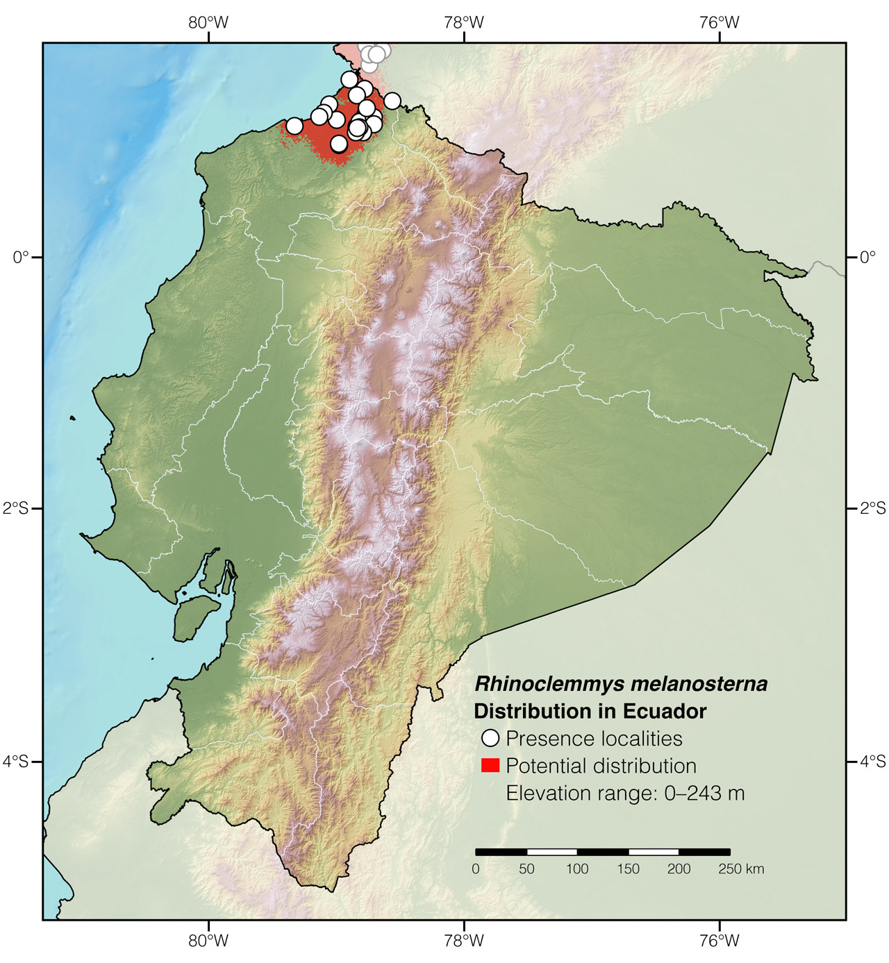 Distribution of Rhinoclemmys melanosterna in Ecuador