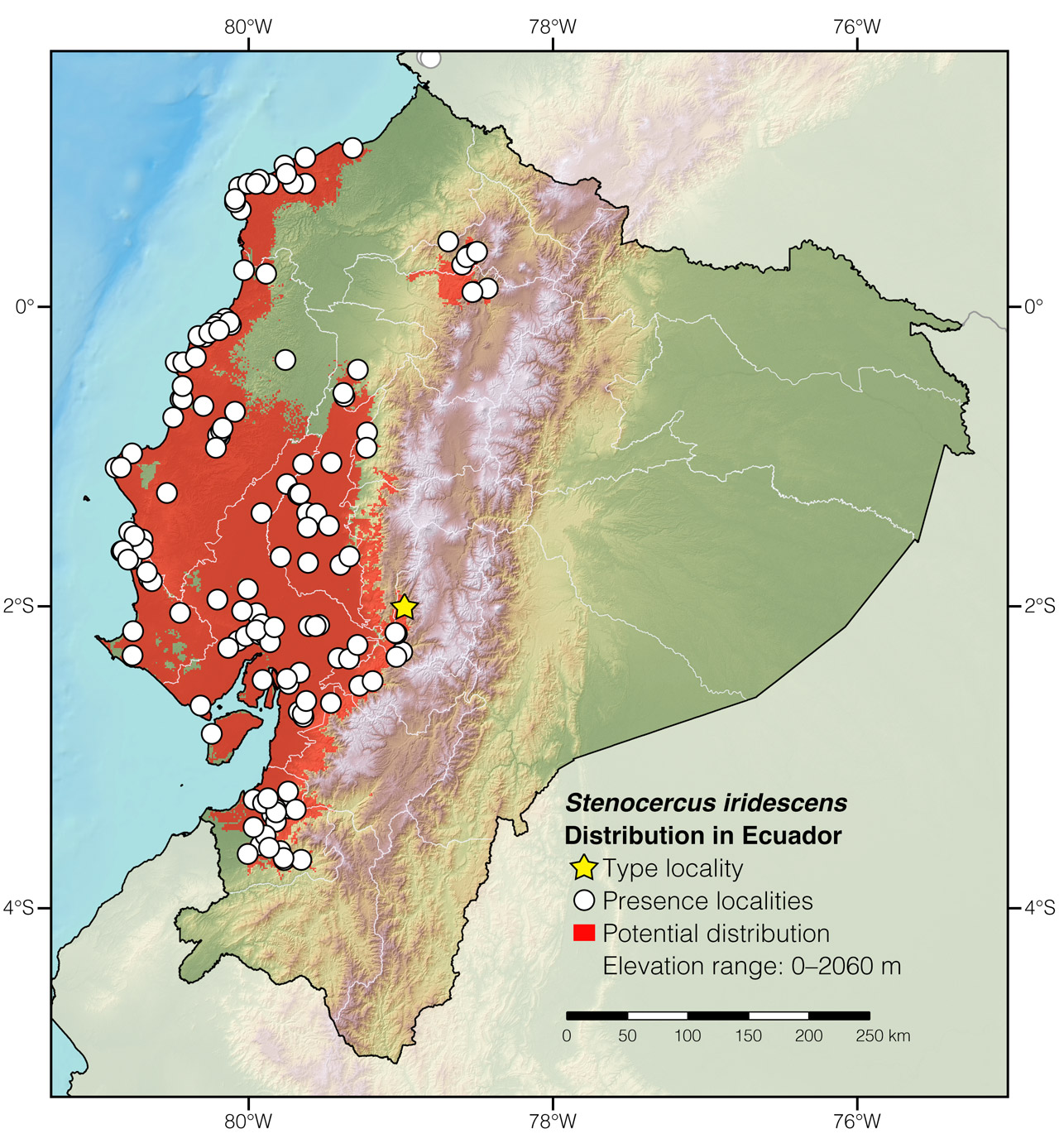 Distribution of Stenocercus iridescens in Ecuador