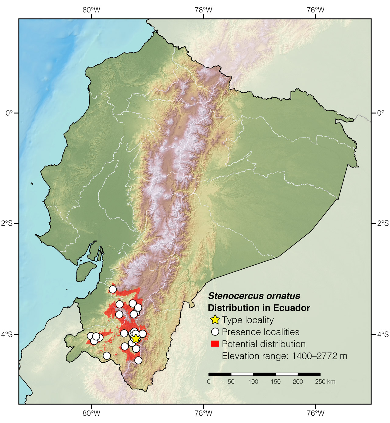 Distribution of Stenocercus ornatus in Ecuador