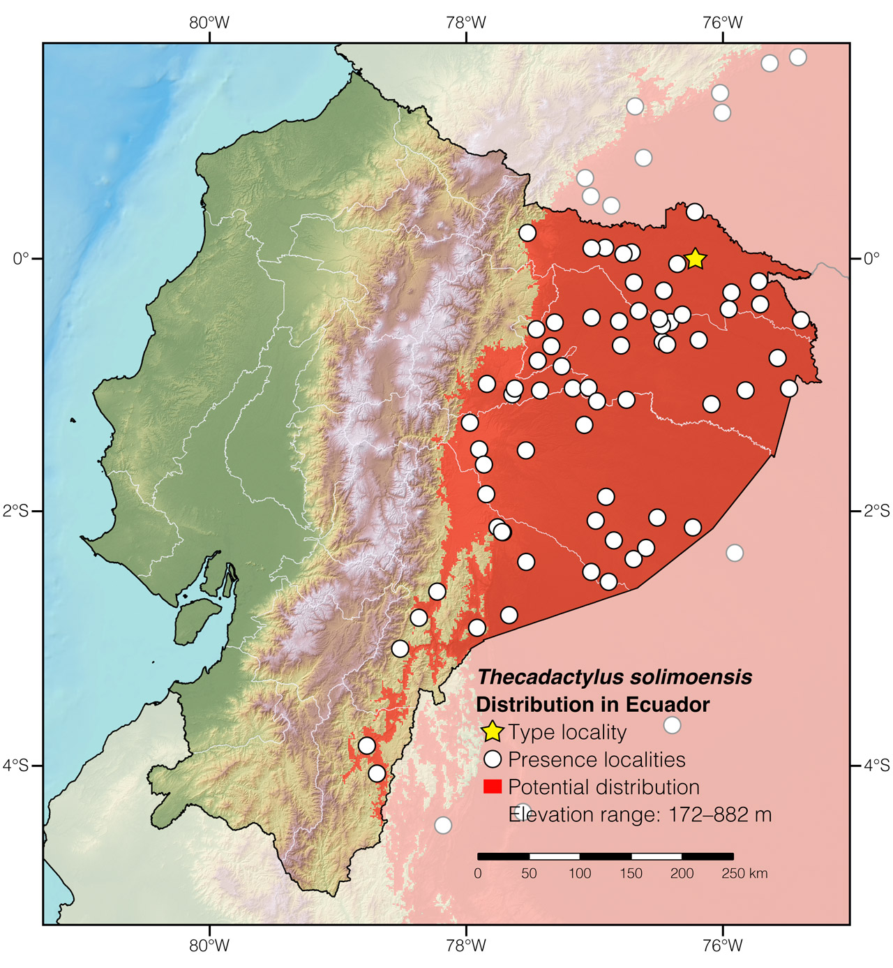 Distribution of Thecadactylus solimoensis in continental Ecuador