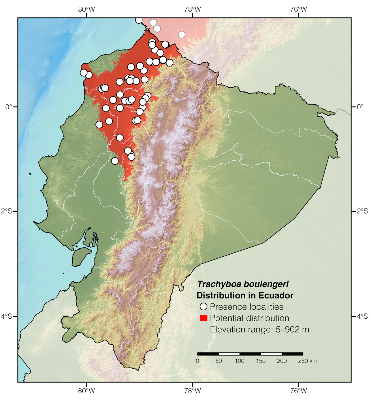Distribution of Trachyboa boulengeri in Ecuador