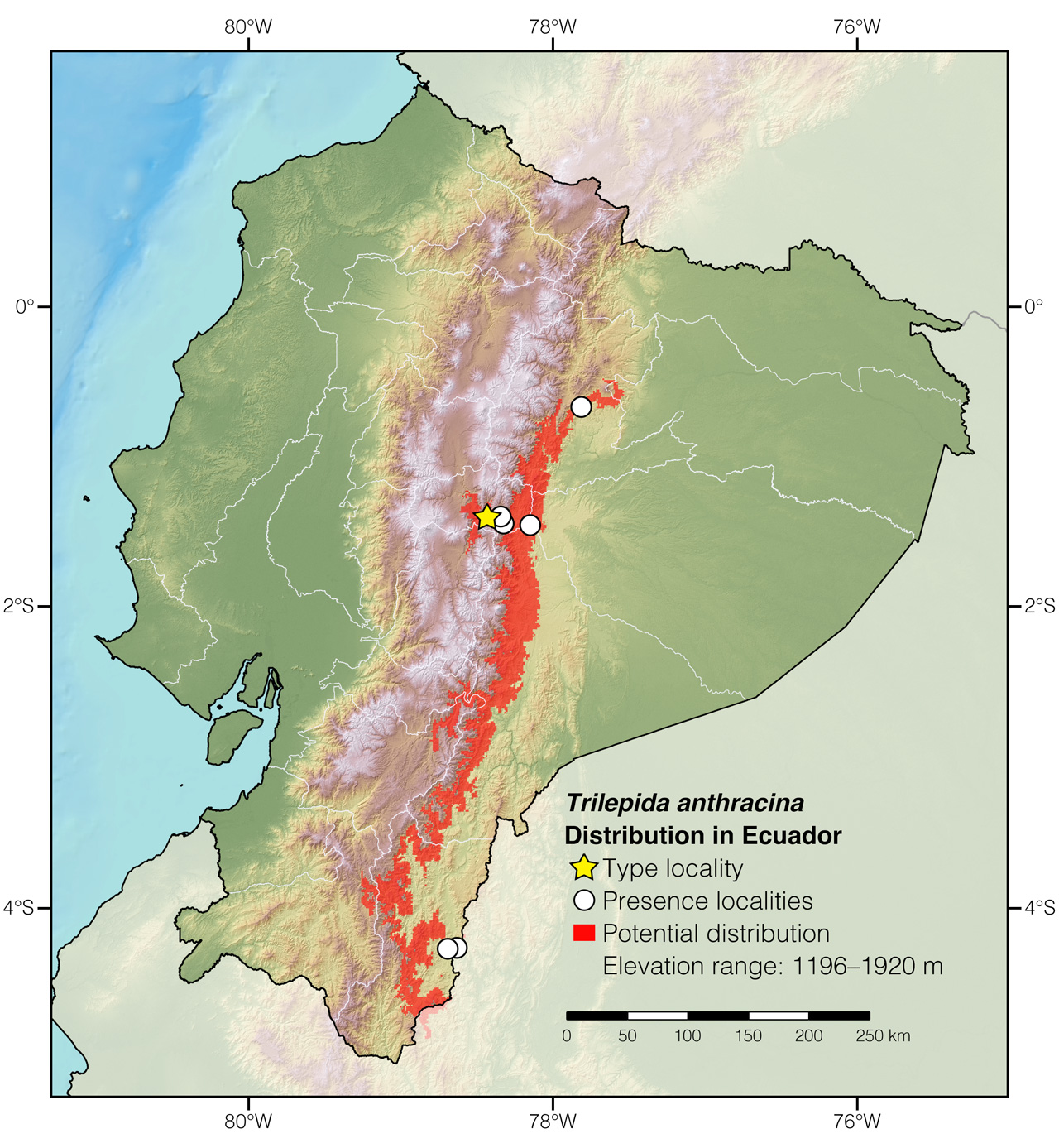 Distribution of Trilepida anthracina in Ecuador