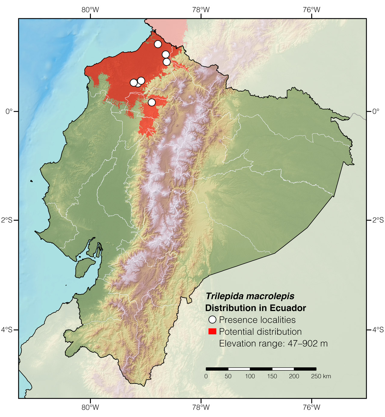 Distribution of Trilepida macrolepis in Ecuador
