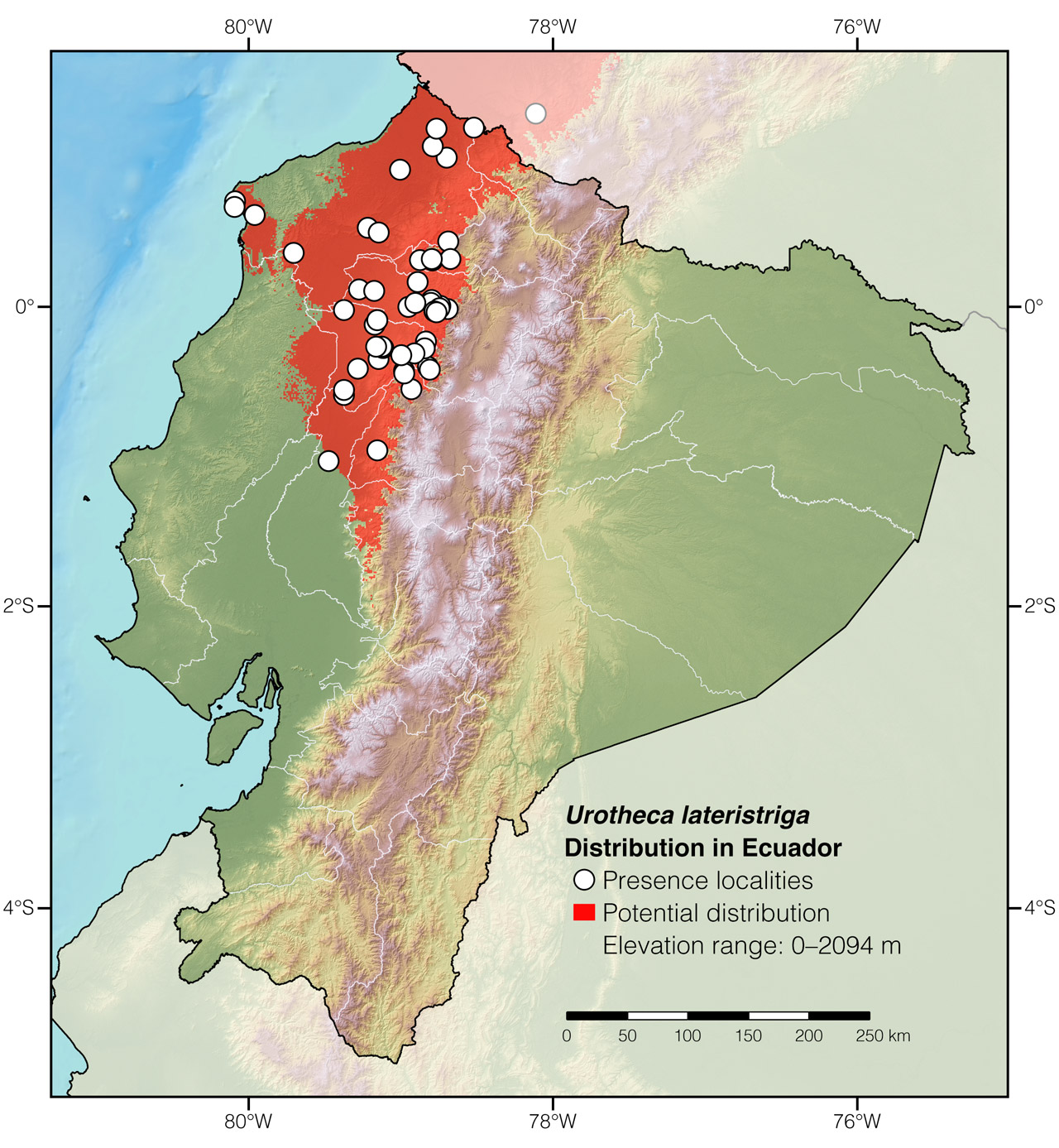 Distribution of Urotheca lateristriga in Ecuador