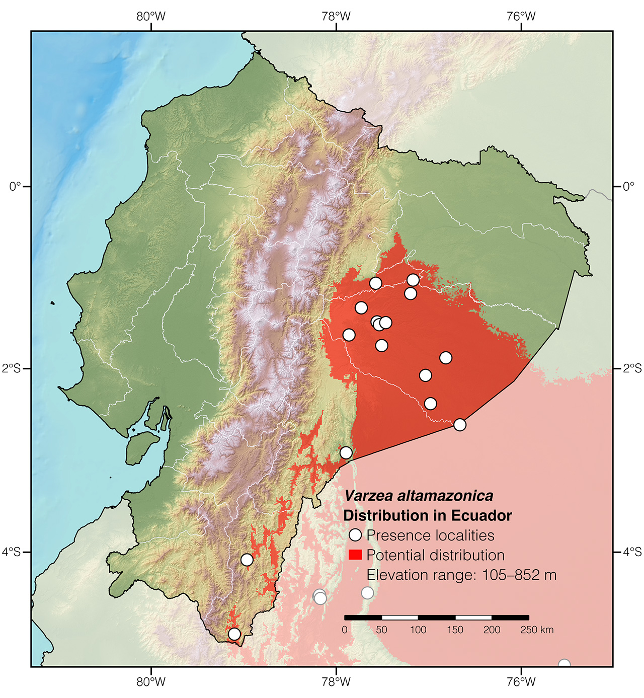 Distribution of Varzea altamazonica in Ecuador