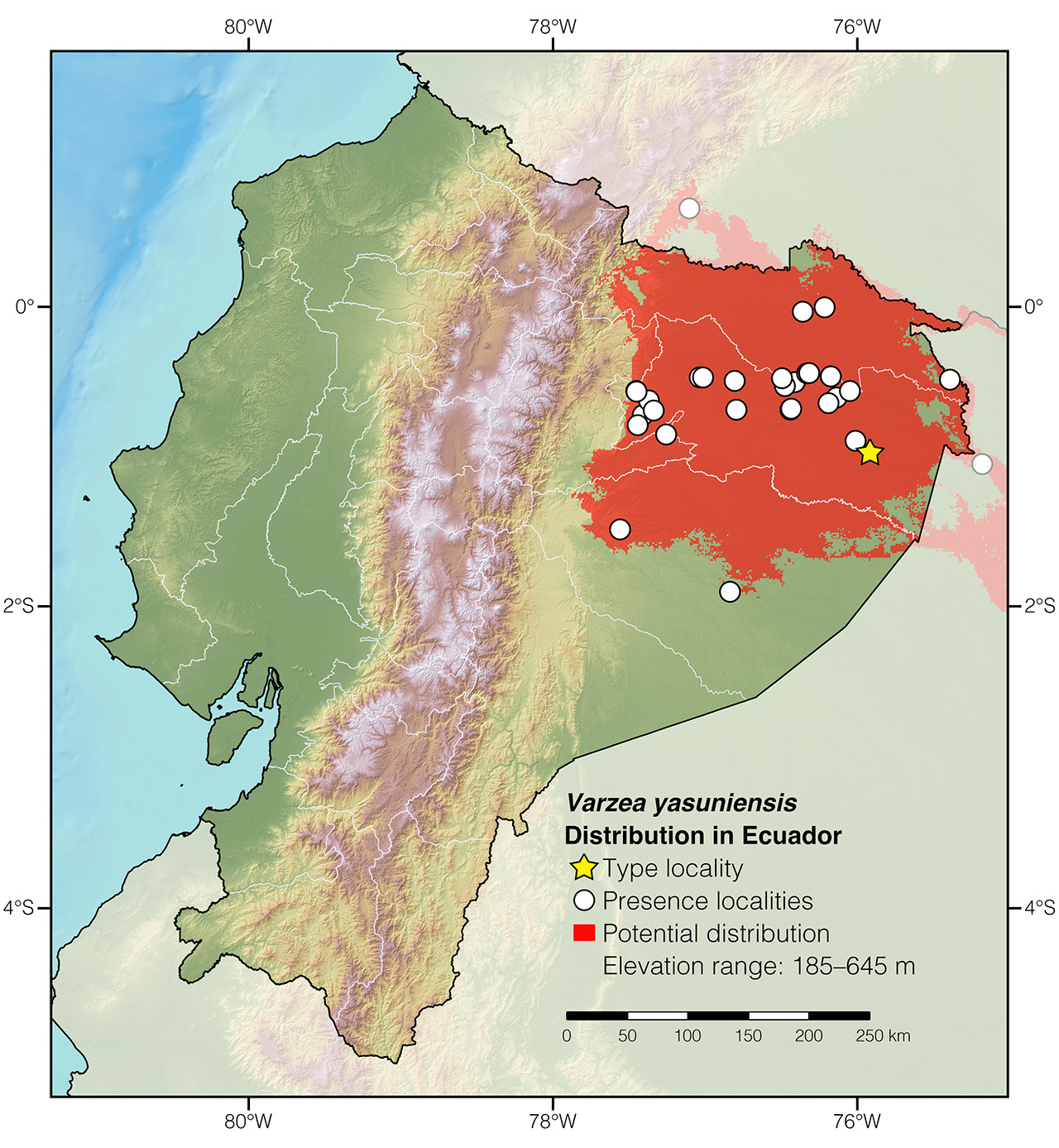 Distribution of Varzea yasuniensis in Ecuador