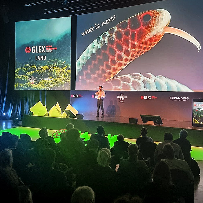 Alejandro Arteaga giving a presentation at the Global Explorers Summit in the Azores